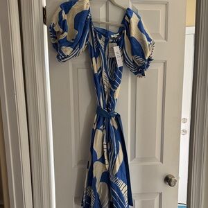 Jade Blue and White Puff Sleeve Dress
